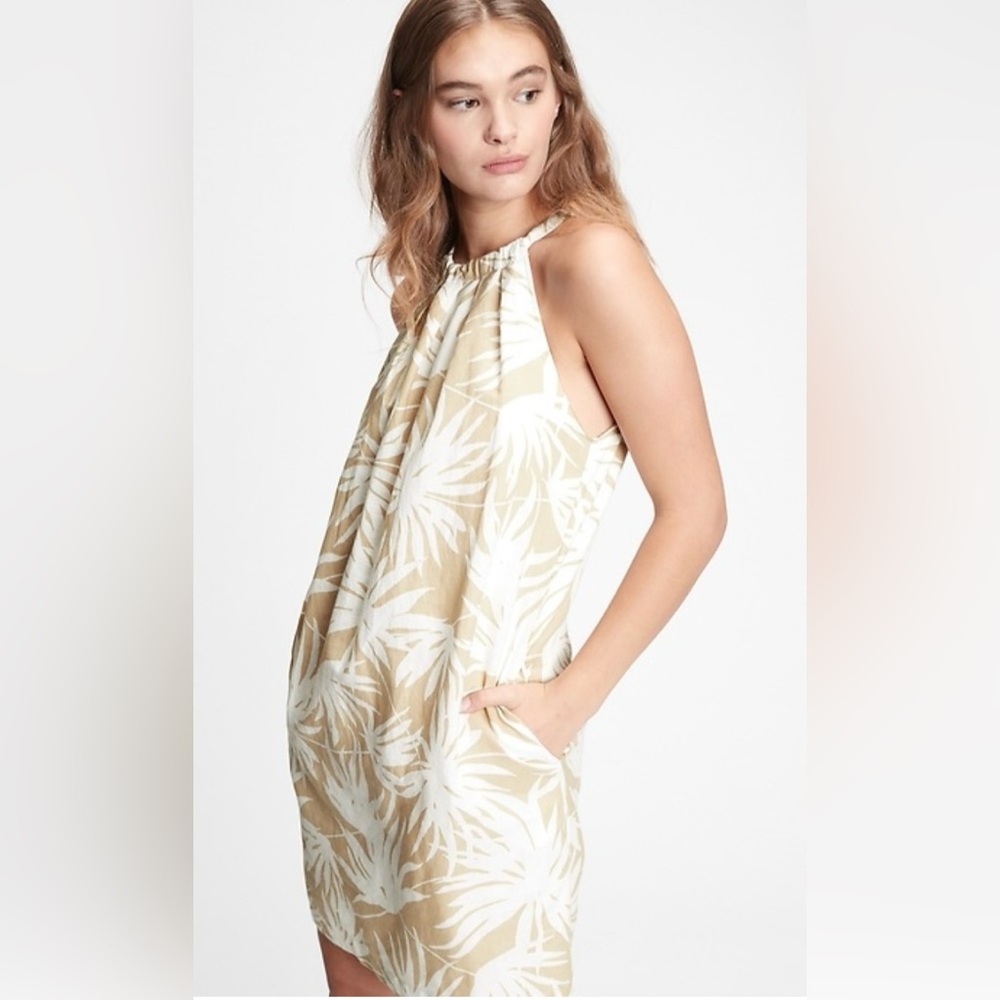 Gap Linen Dress Size 4, Beige & White Palm Leaf Print, Halter w/Tie Back